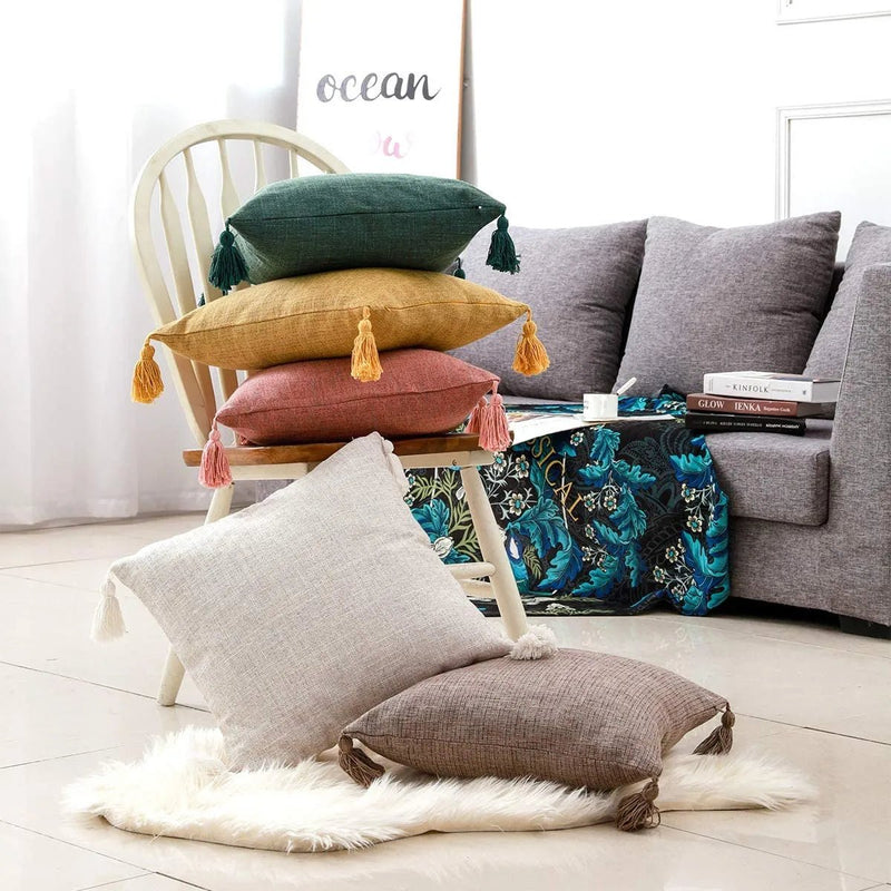 Solid Linen Pillow/Cushion Covers European With Tassels - External Products